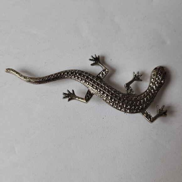 VTG Lizard Pin Brooch Silver-Tone Red Glass Eyes 3.25" Unique Delicate BoHo Cool - Picture 2 of 11